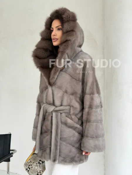 Серый норковый полушубок - капюшон куница - фото 10