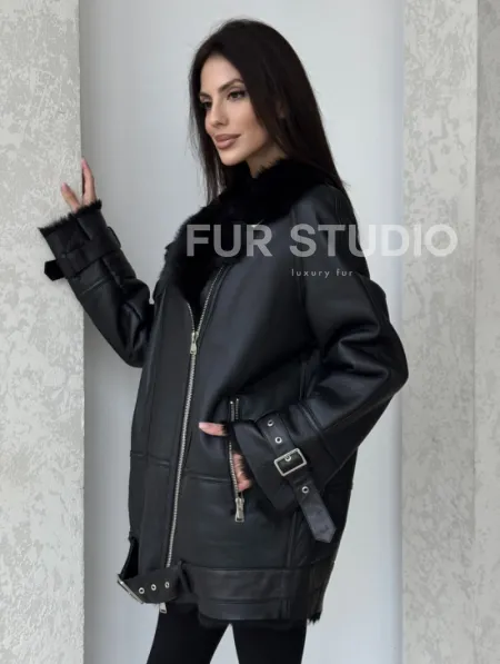 Черная дубленка - авиатор на тоскане - фото 1
