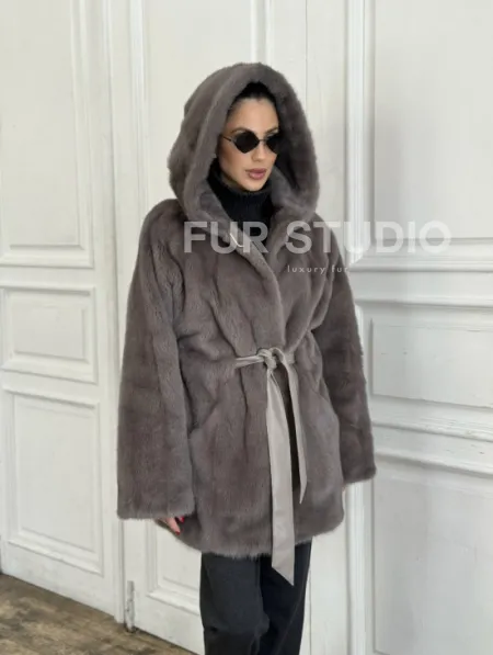 Шуба норковая с капюшоном роспуск - цвет графит - фото 3