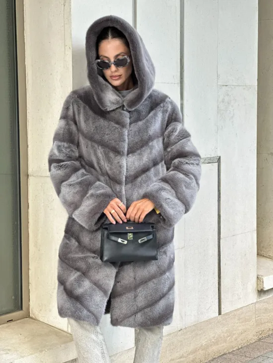 Норковая шуба с капюшоном - цвет PLATINUM (СЕРЫЙ) - фото 5