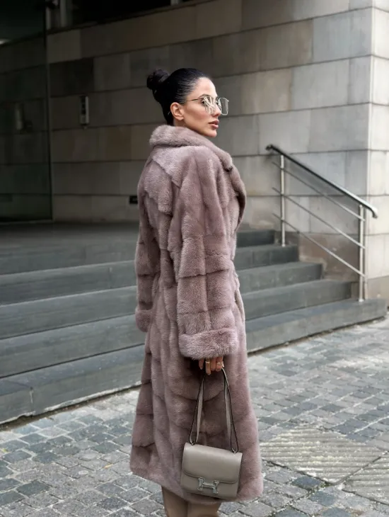 Шуба из меха норки с английским воротником - цвет пыльная роза - фото 6