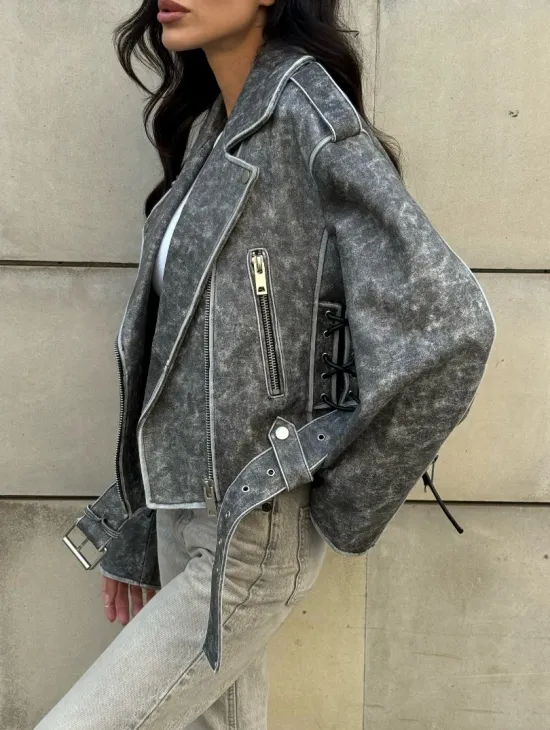 Косуха из натуральной кожи Vintage со шнуровкой - цвет серый - фото 9