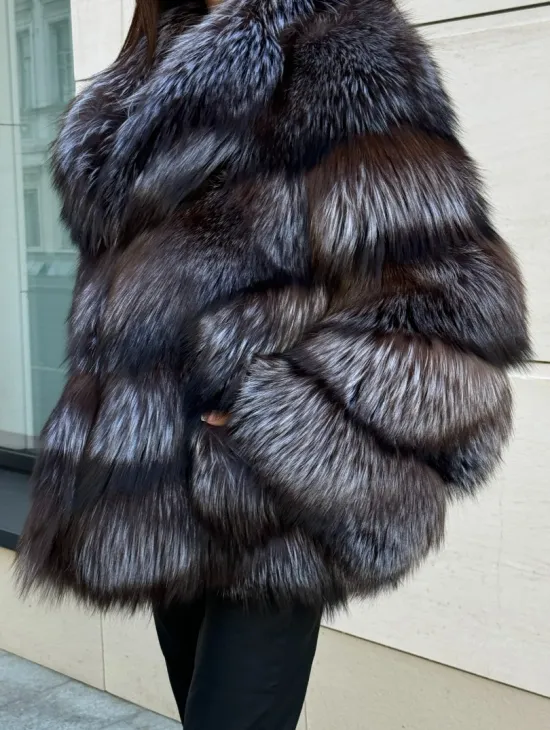 Шуба из чернобурки в натурально-бронзовом цвете, английский воротник - фото 1