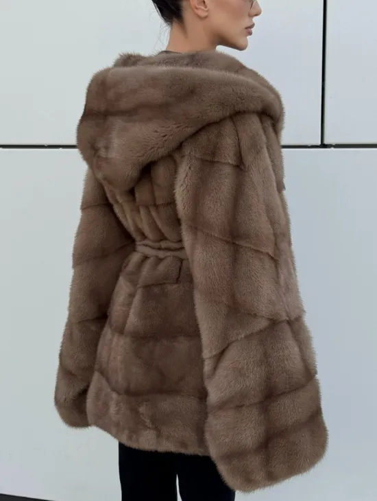 Норковая шуба автоледи с капюшоном кобра, цвет Тортор - фото 4