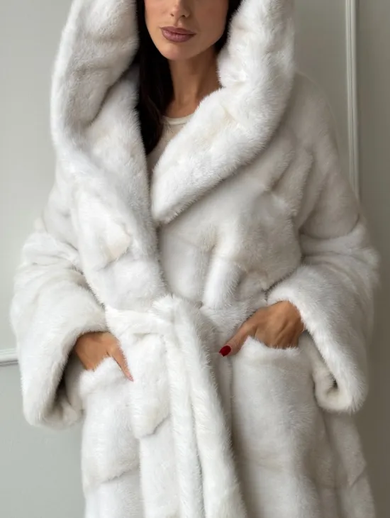 Натуральная шуба кимоно из меха норки Palomino с капюшоном кобра - фото 1