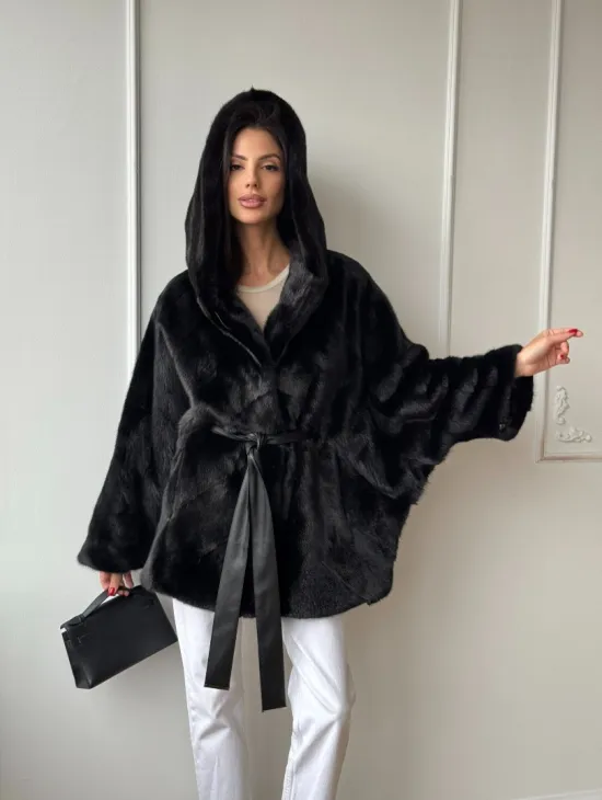 Летучая мышь шуба из меха норки Black с капюшоном - паркет - фото 10