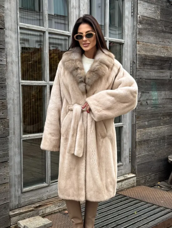 Шуба LUXURY кимоно из норки IVORY с английским воротником из меха куницы - фото 9