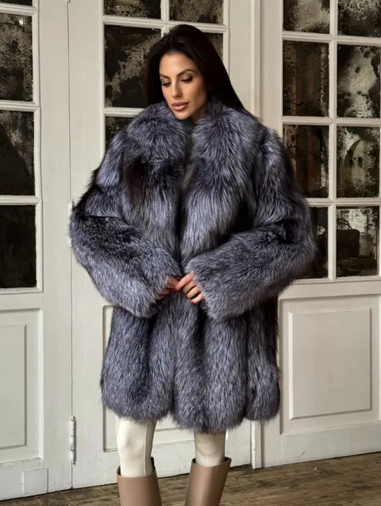 Натуральная шуба из меха чернобурки, воротник шаль - фото 0