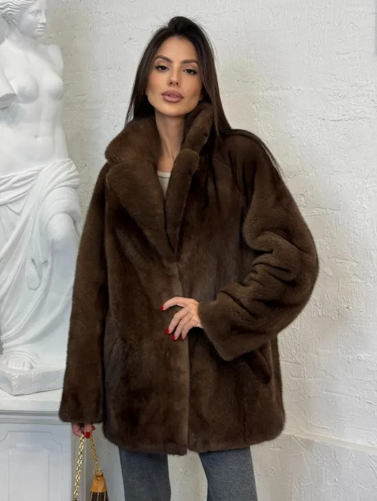 Женский жакет - полушубок Oversize из плюшевой норки Velvet английский воротник - фото 4