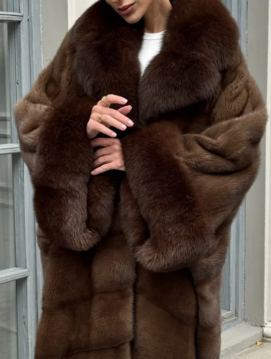 Норковая шуба пальто стиль «Бохо» с воротником и рукавами из меха песца - цвет орех - фото 1