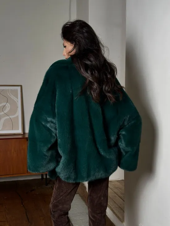Изумрудная укороченная норковая шуба с английским воротником - фото 7