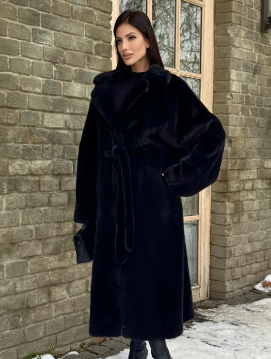 Шикарное норковое кимоно с английским воротником в черно-синем цвете - фото 0