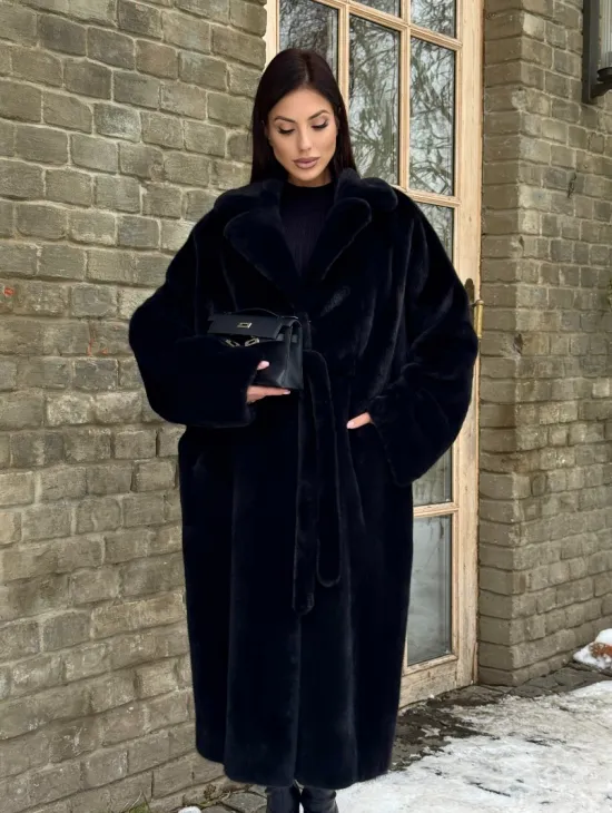 Шикарное норковое кимоно с английским воротником в черно-синем цвете - фото 10