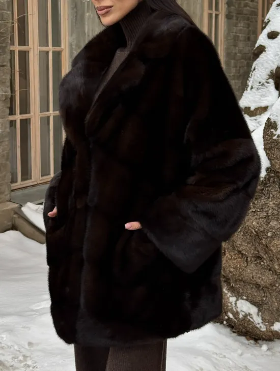 Норковое полупальто автоледи с английским воротником цвет Dark brown - фото 5