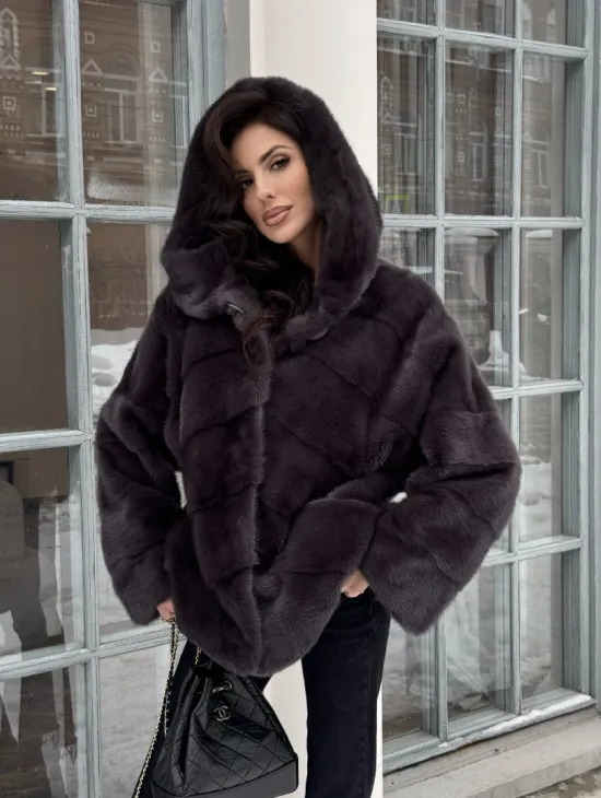 Меховой полушубок автоледи с капюшоном из меха норки графит - фото 10