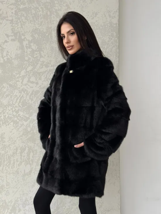 Норковая шуба средней длины стойка воротник - цвет черный - фото 5
