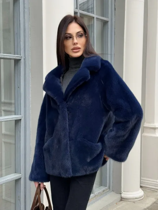 Синий норковый полушубок с английским воротником - фото 0