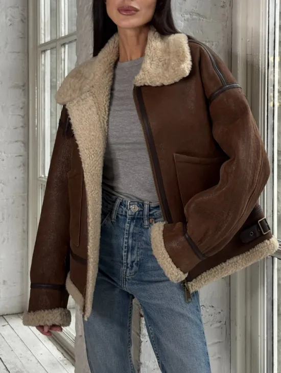 Женская короткая дубленка Brown vintage из натуральной овчины кёрли - фото 3