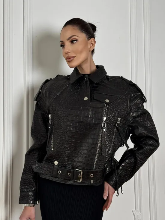 Укороченная куртка из натуральной кожи «CROCO» BLACK со шнуровкой на спине - фото 0