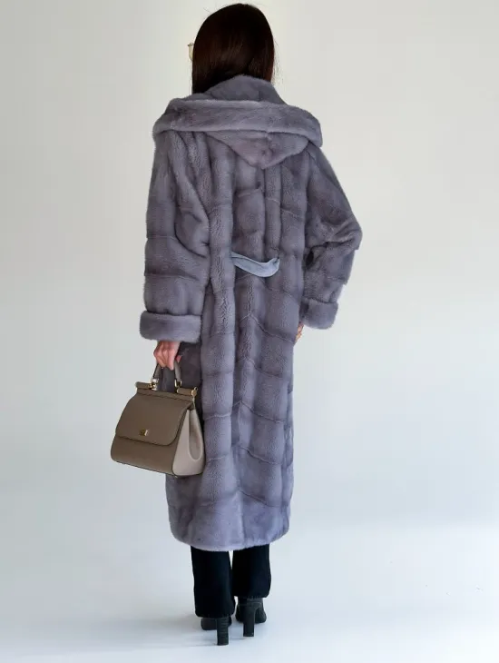 Удлиненная норковая шуба - кимоно с капюшоном - фото 4