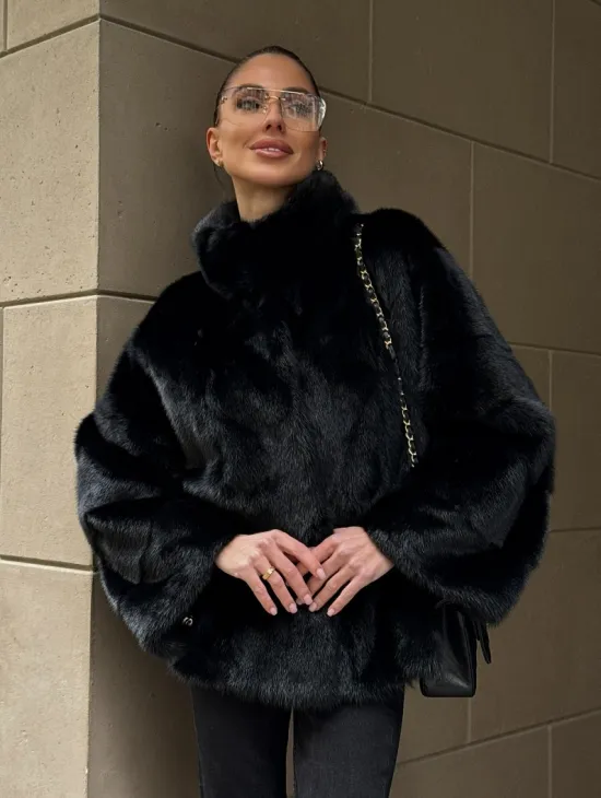 Норковый полушубок черного цвет стойка воротник - фото 7
