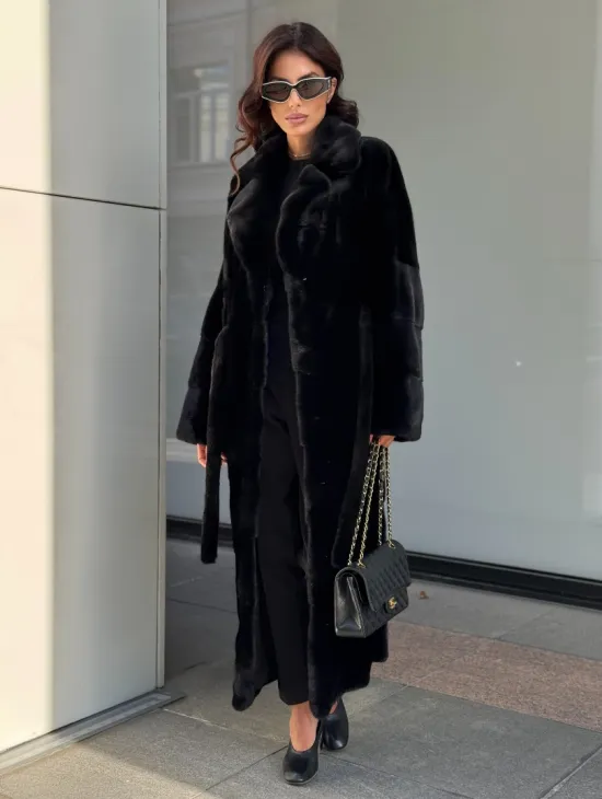 Удлиненная черная шуба с поясом из скандинавской норки - фото 4