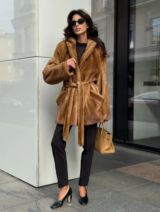 Норка жакет шалевый воротник - цвет Gold - фото 6