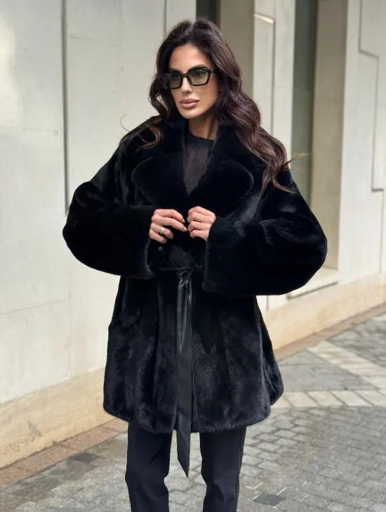 Полушубок из норки с английским воротником - черный - фото 6