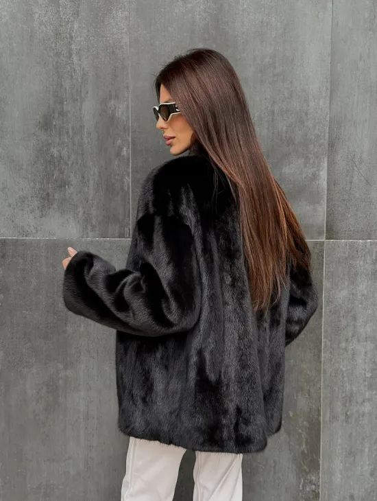 Черный норковый полушубок V-образный воротник - фото 8