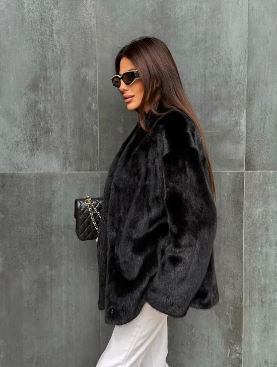 Черный норковый полушубок V-образный воротник - фото 9