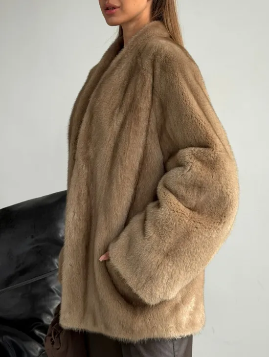 Норковый полушубок V-образный воротник - фото 4