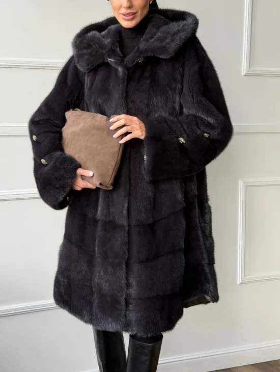 Норковая шуба с капюшоном - графит - фото 5