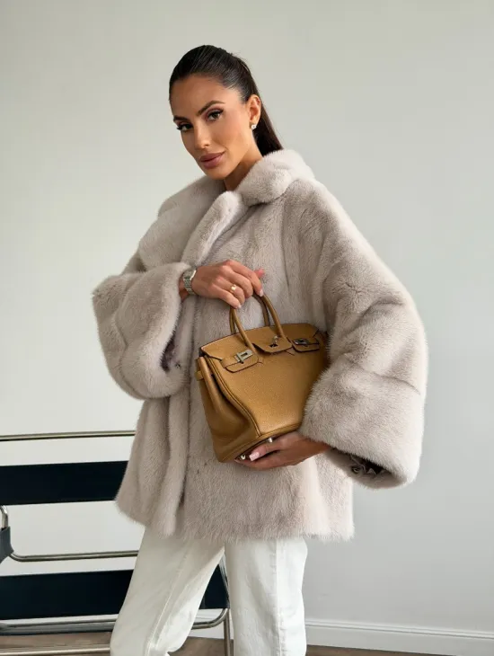 Светлый норковый полушубок - английский воротник - фото 7