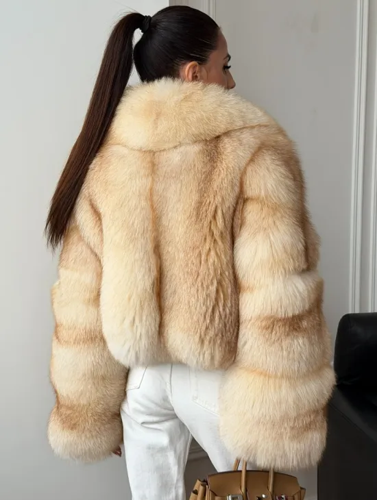 Полушубок-кроп с шалевым воротником из меха песца - фото 5