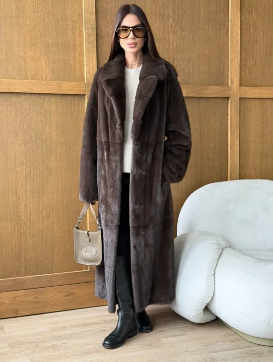 Норковая шуба - прямой крой с меховым поясом - фото 8