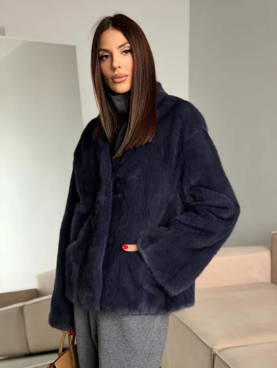 Короткий норковый жакет - синий графит - фото 0