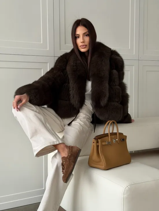 Полушубок-кроп из песца с шалевым воротником - фото 12