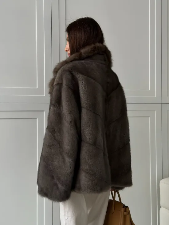 Шуба норковая автоледи - воротник куница (серый) - фото 11