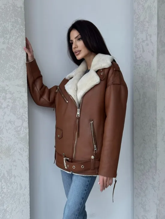 Дубленка авиатор из натуральной кожи в цвете виски - фото 14