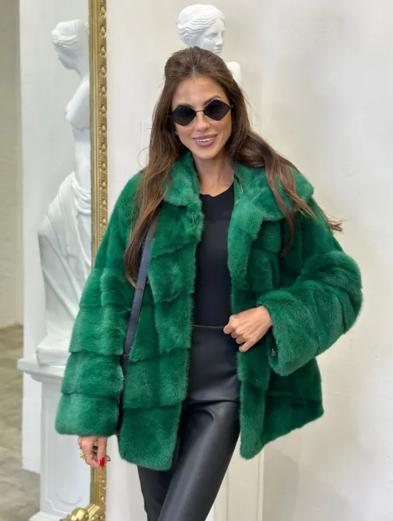 Норковый полушубок с капюшоном - цвет изумруд - фото 0