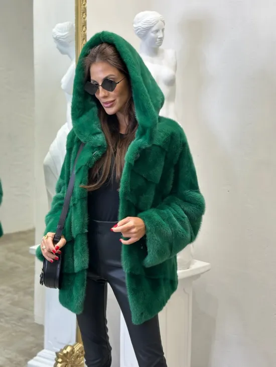 Норковый полушубок с капюшоном - цвет изумруд - фото 5
