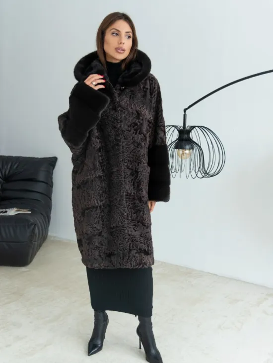 Уголь шуба из каракульчи и норки с капюшоном - фото 4