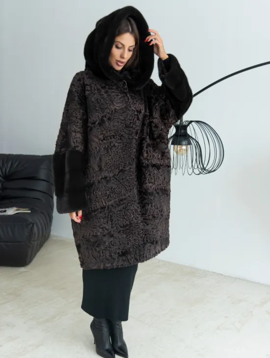 Уголь шуба из каракульчи и норки с капюшоном - фото 0