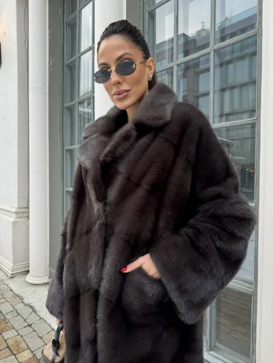 Норковая шуба с английским воротником - цвет уголь - фото 1