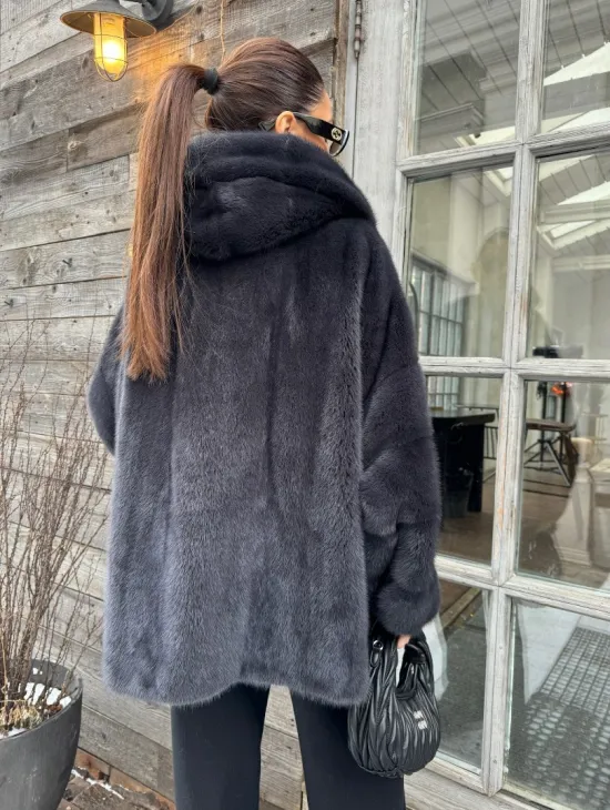 Шуба норковая с капюшоном - цвет графит - фото 1