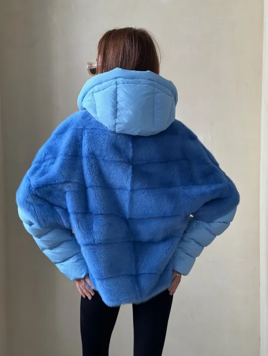 Норковый пуховик/жилет 2в1 - цвет голубой - фото 4