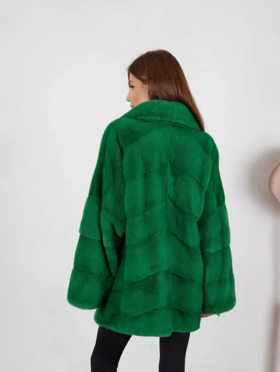 Норка кимоно паркет с английским воротником - светлый изумруд - фото 1