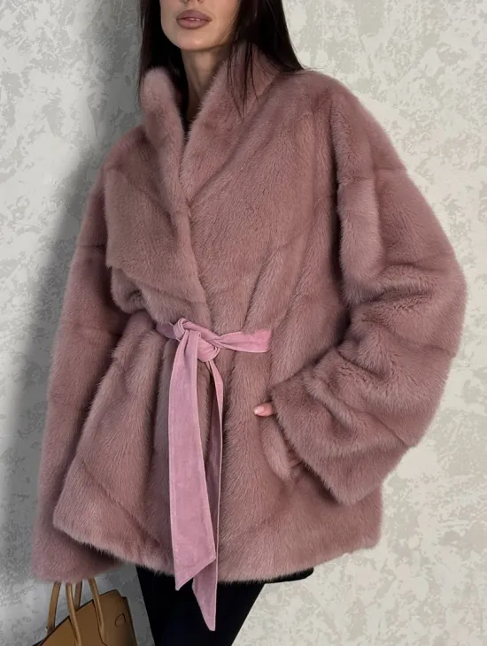 Кимоно норковое воротник отворот - цвет розовый жемчуг - фото 2