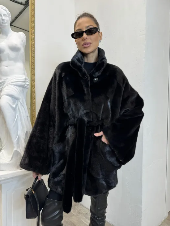 Шуба летучая мышь мех NAFA , стойка воротник - цвет черный бриллиант - фото 3