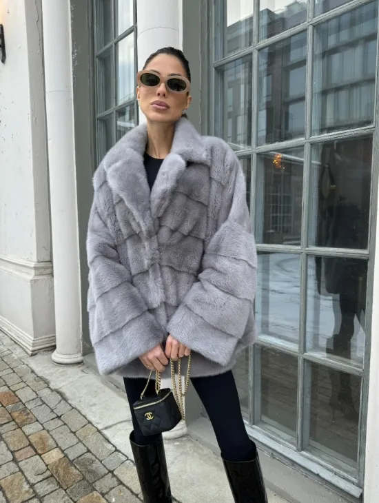 Норковый полушубок паркет английский воротник - цвет серый сапфир - фото 5